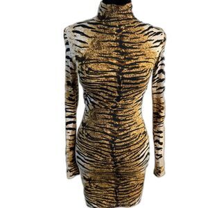 Tiger Print Turtleneck Mini Dress — Long Sleeve, Bodycon, Unbranded
